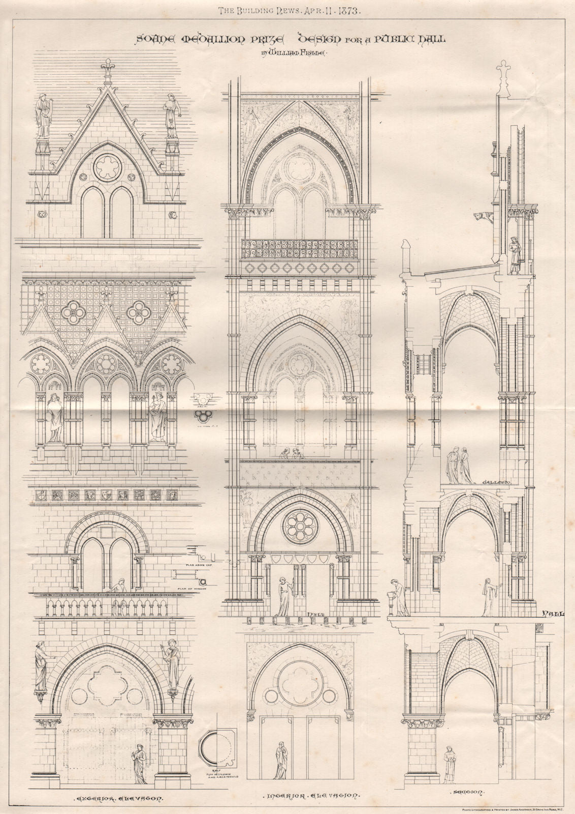 Soane Medallion Prize design for a Public Hall; by William Frame 1873 print